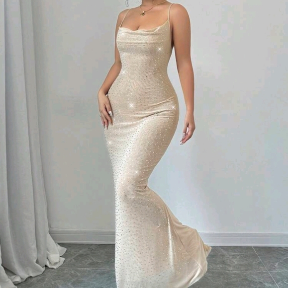 Women's Elegant Sexy Sheer Party Gown With Rhinestones, Plunging Neckline - Picture 6 of 7